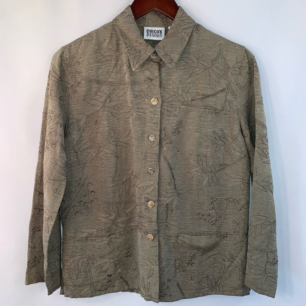 CHICO"S 0 Shirt Jacket SILK LINEN Beige Embroider
